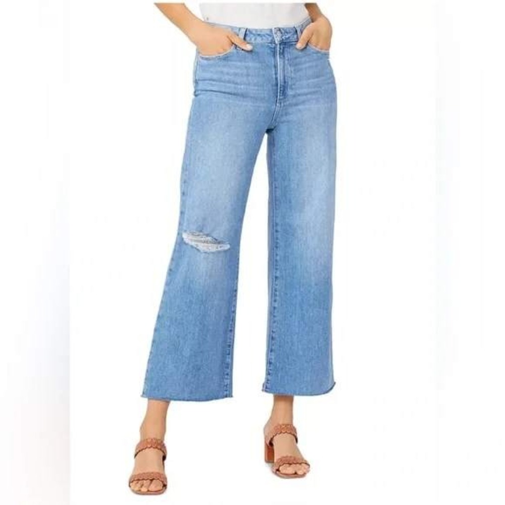 PAIGE Anessa Ankle‎ Wide Leg Jeans Size 32 Petite Kara Light Wash Blue Raw Hem